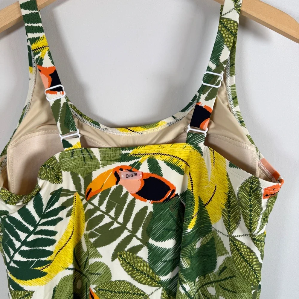 Duluth Trading Co Suit Up One Piece Swim Suit Dress 10 Toucan Tropical Print